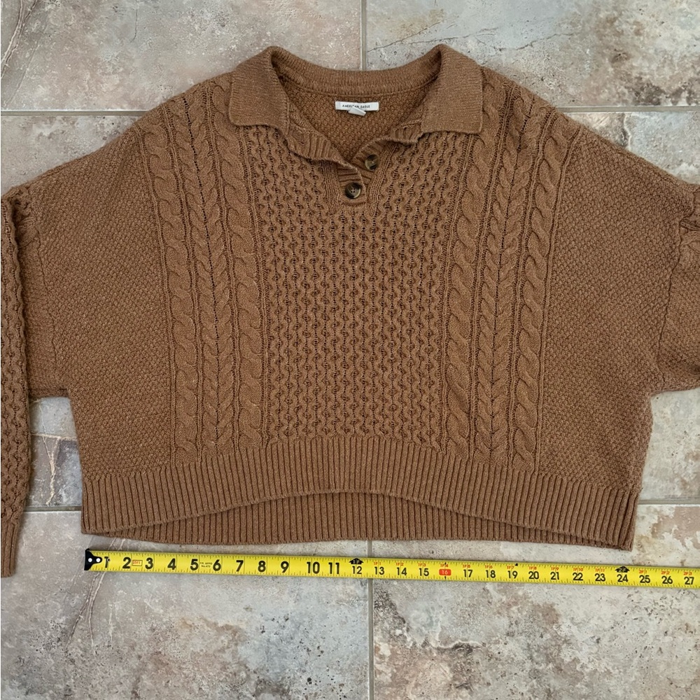 American Eagle Tan Cropped Sweater Cable Knit Cozy Soft Collared Women’s XXL - Picture 11 of 11